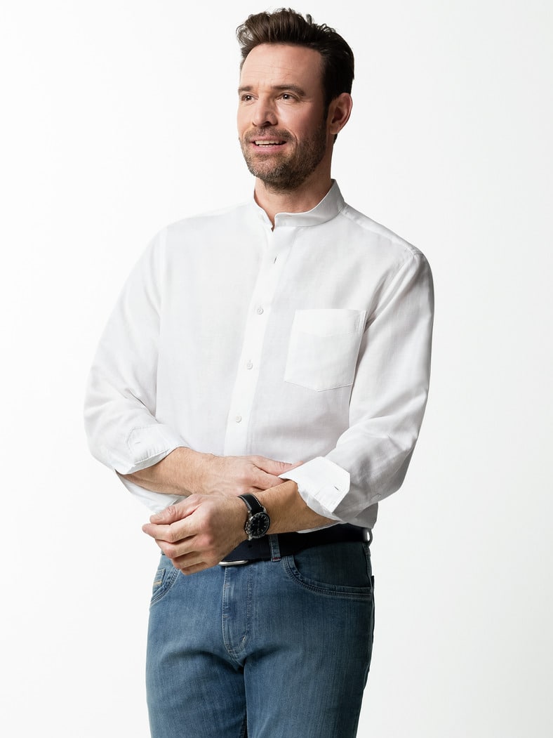 Stehkragen-Leinenhemd Weiß