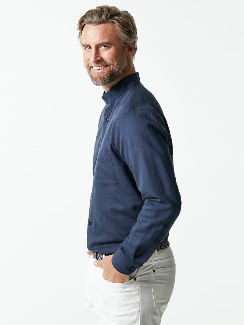 Stehkragen-Leinenhemd Blau