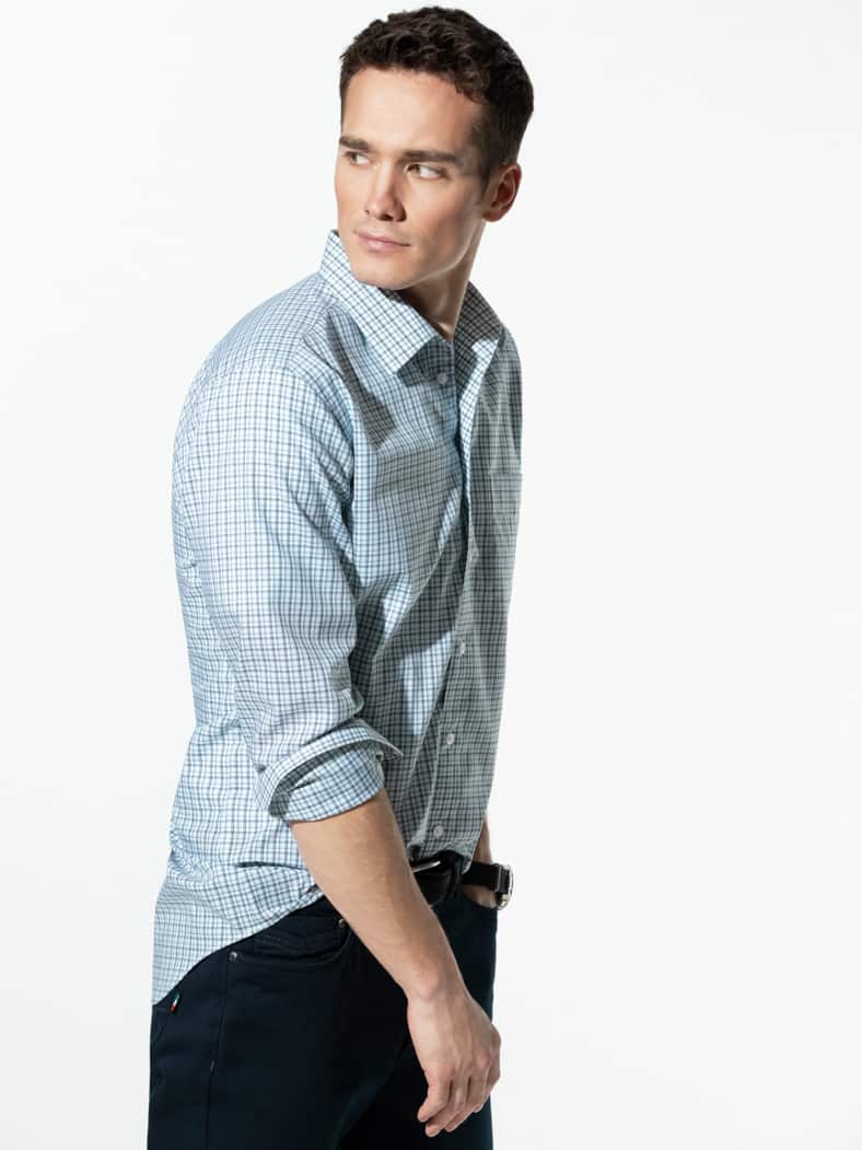 Extraglatt-Hemd Walbusch-Kragen Karo Weiß/Lagune