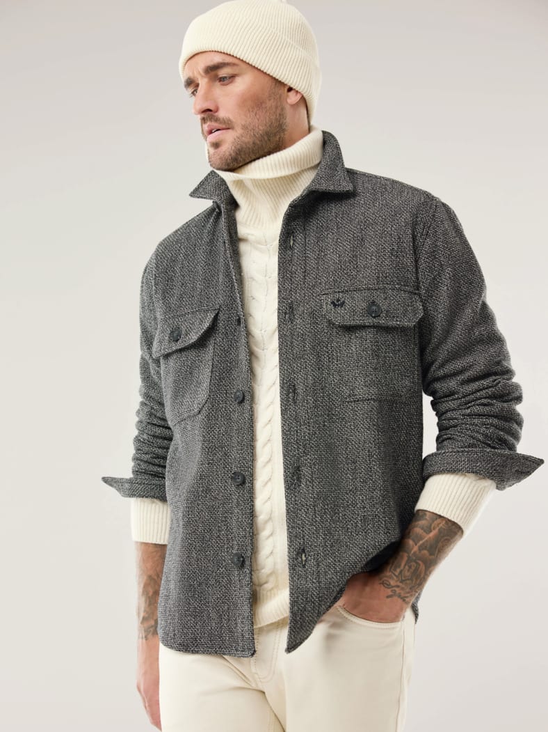 Hemd-Jacke Woll-Mix Schwarz/Weiß