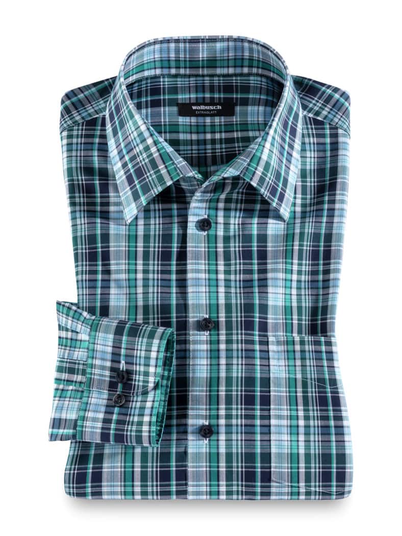 Extraglatt-Hemd Walbusch-Kragen Karo Lagune/Blau