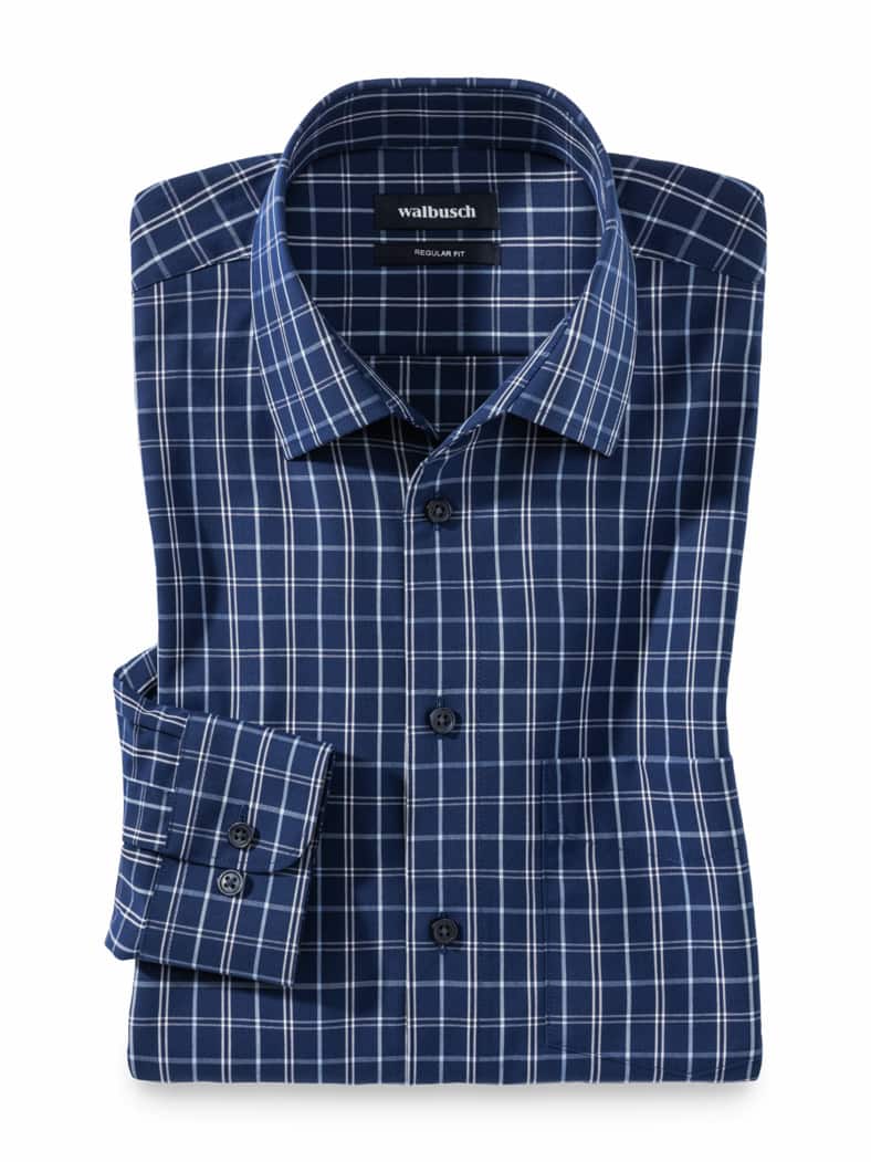 Extraglatt-Hemd Walbusch-Kragen Karo Marine