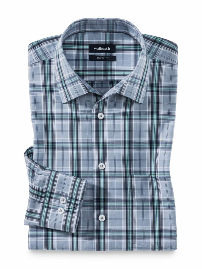 Extraglatt-Hemd Walbusch-Kragen Karo Blau