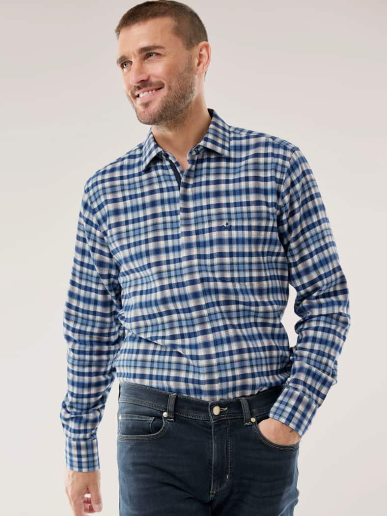 Soft-Flanell-Hemd Zip & Go Karo Marine
