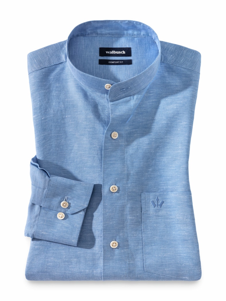 Stehkragen-Leinenhemd Hellblau