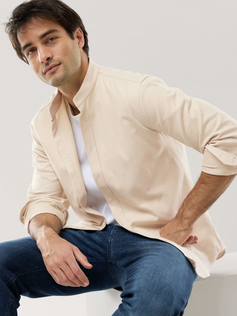 Flanell Stehkragen-Hemd Natur