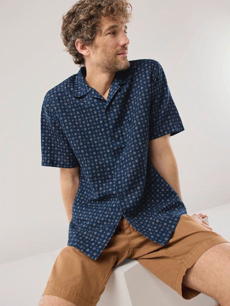 Leinen-Mix Revers-Kragen-Hemd Druck Marine