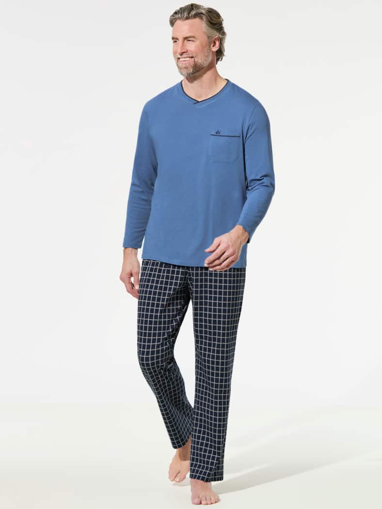 V-Pyjama Softcotton Blau/Grau