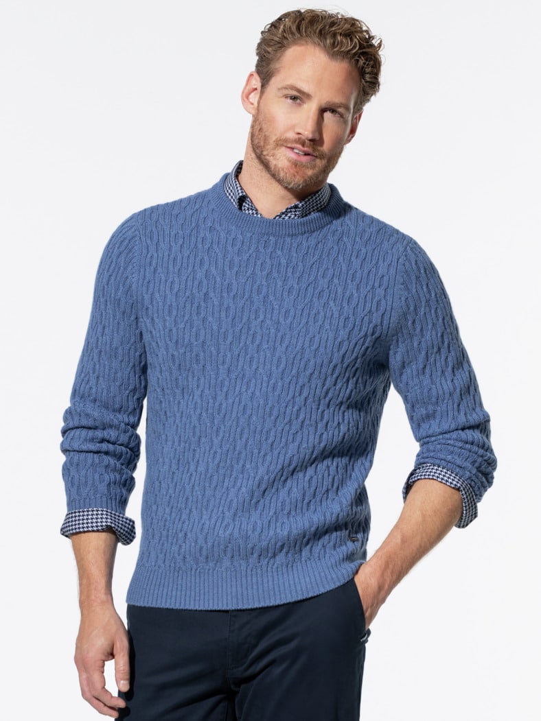 Zopfpullover Merino-Mix Ozeanblau