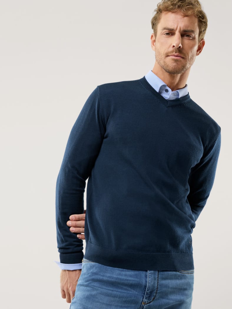 V-Pullover Merino Extrafein Marine