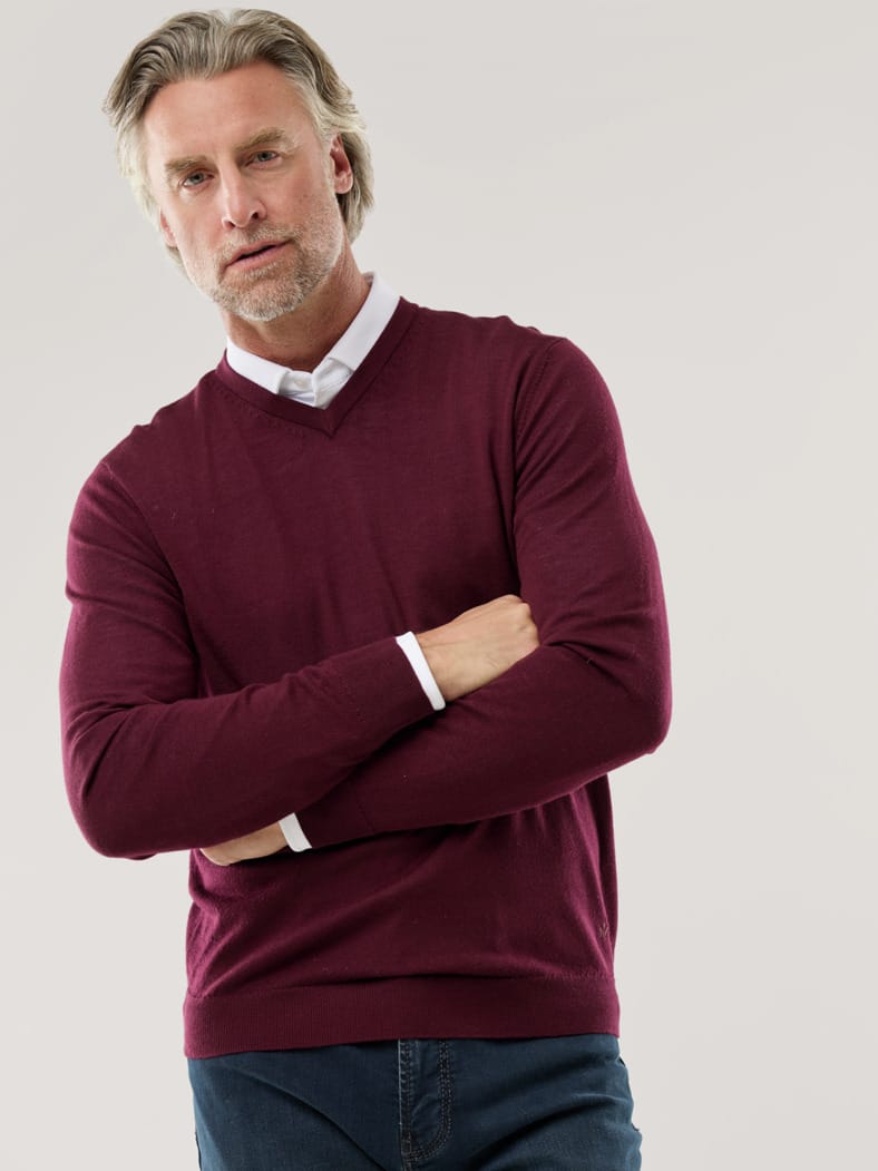 V-Pullover Merino Extrafein Bordeaux