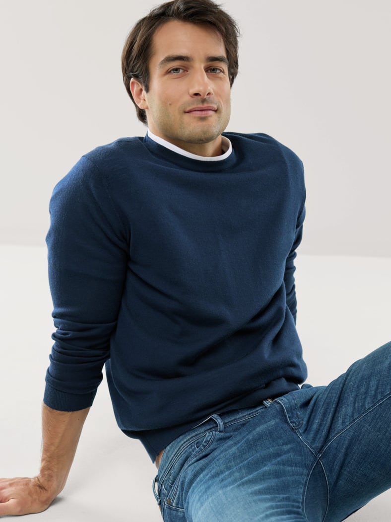 Rundhals-Pullover Merino Extrafein Marine