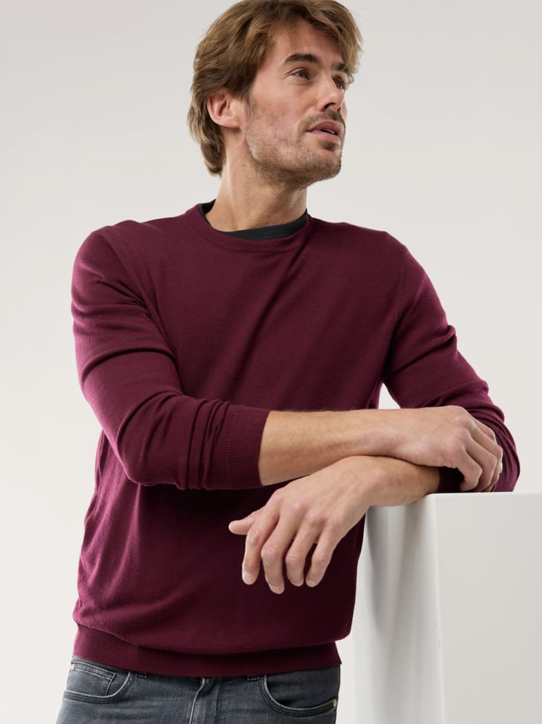 Rundhals-Pullover Merino Extrafein Bordeaux