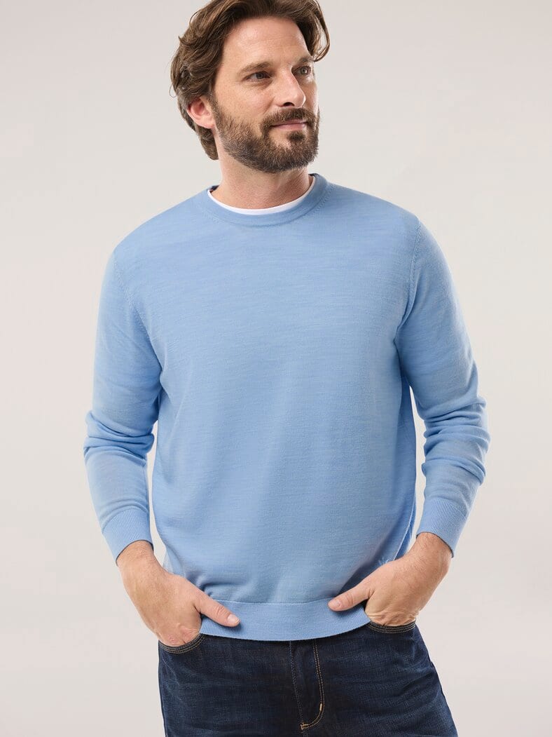 Rundhals-Pullover Merino Extrafein Hellblau
