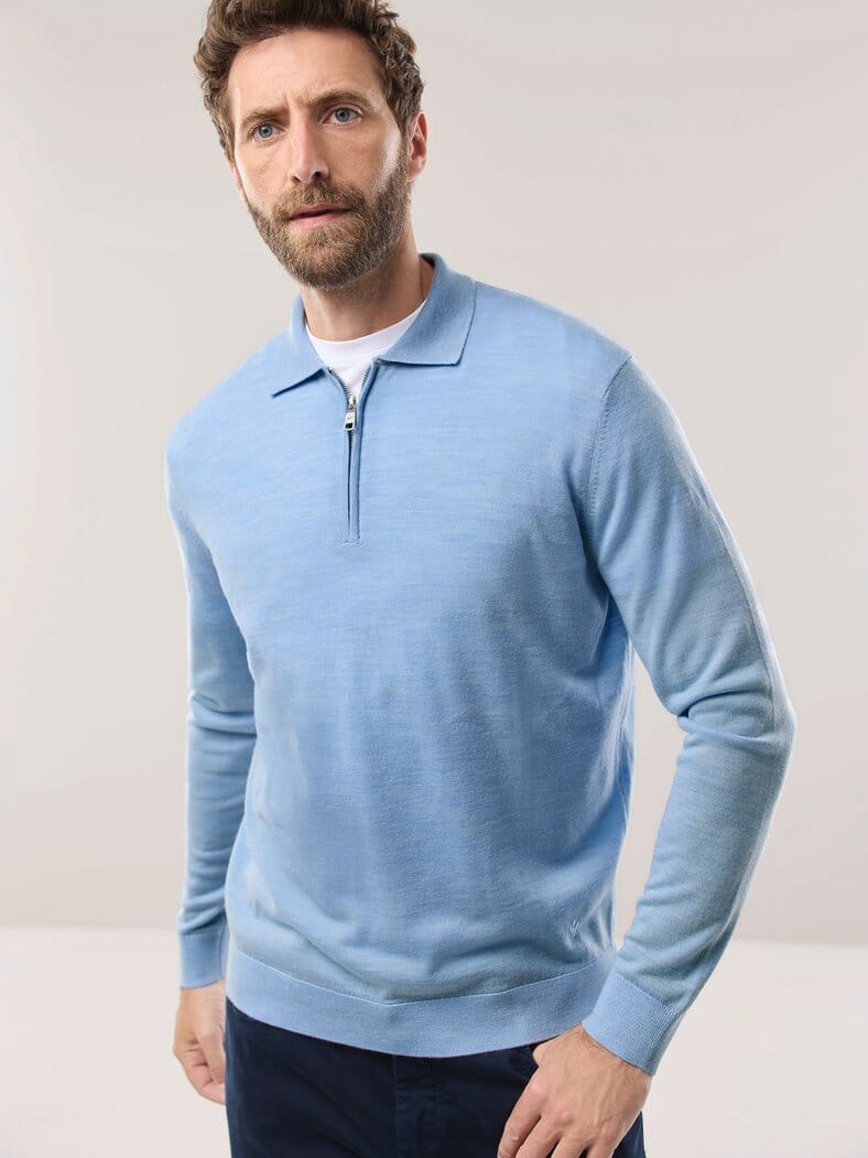 Polo-Pullover Merino Extrafein Hellblau