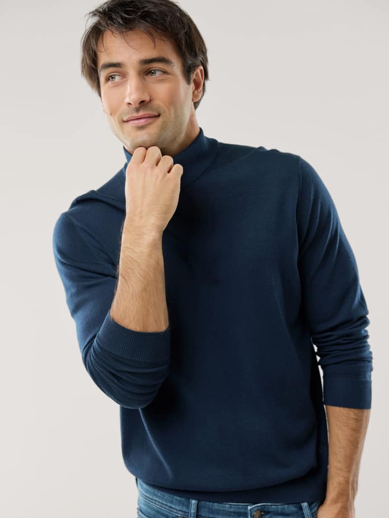 Stehbund-Pullover Merino Extrafein Marine