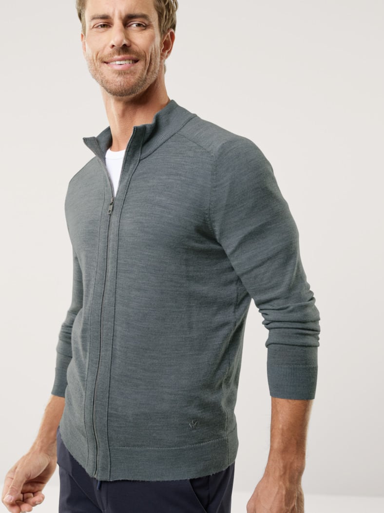 Zip-Strickjacke Merino Extrafein Grau Melange