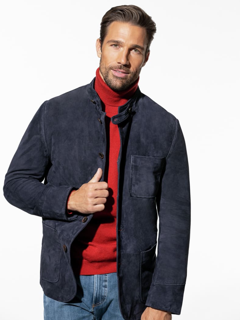 Ziegenvelours-Lederjanker Dunkelblau