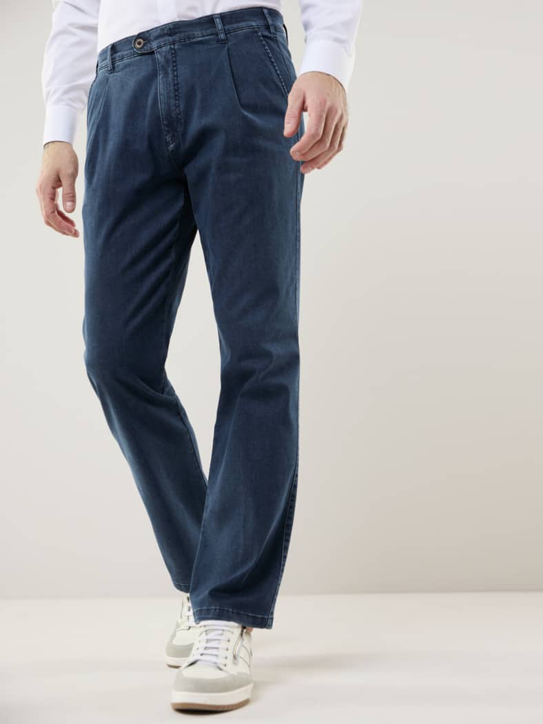 Extraglatt Flex-Bundfaltenjeans Mid Blue