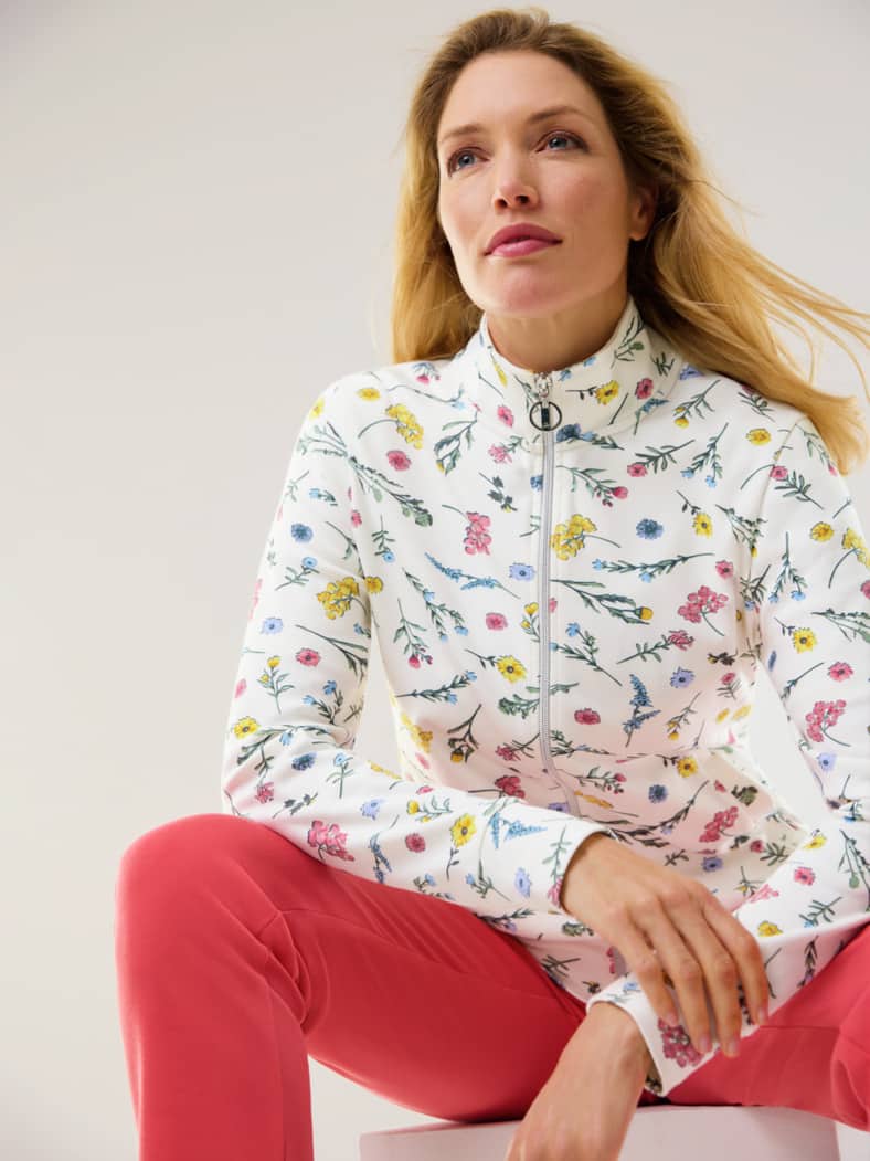 Baumwollstretch Jacke Gartenblume Weiß