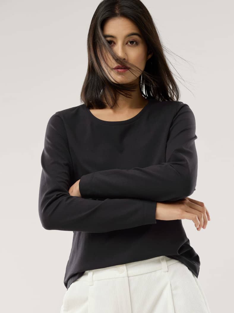 Baumwoll-Basic-Shirt Langarm Schwarz