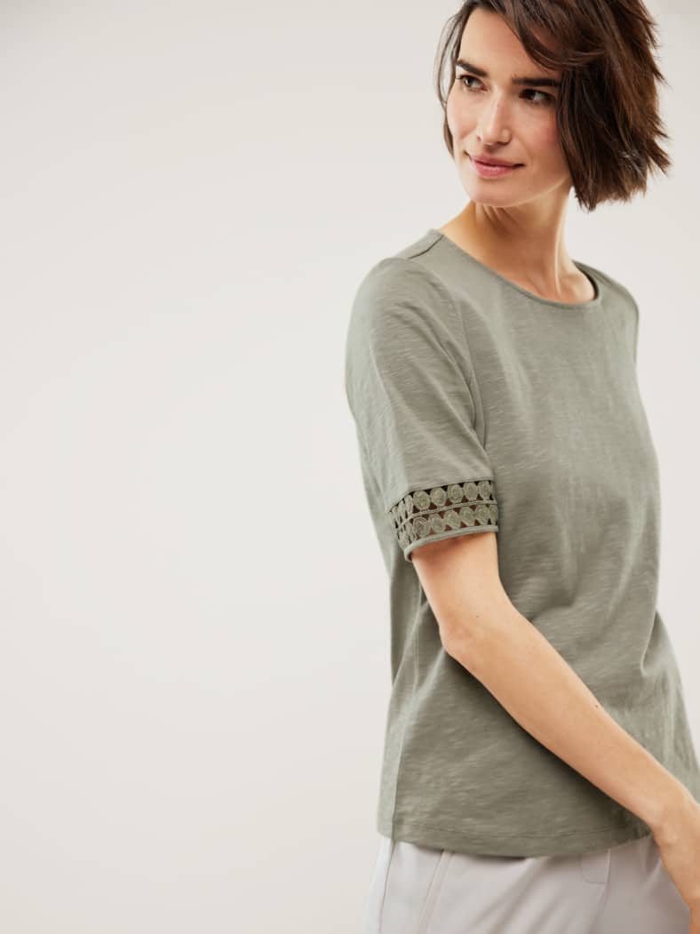 Baumwollshirt Dekospitze Khaki