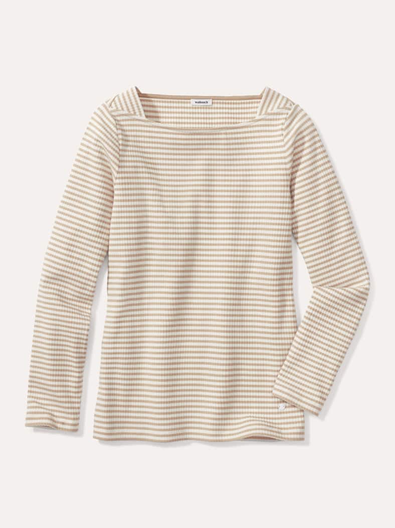 Baumwollshirt Ripp Ringel Weiß/Beige