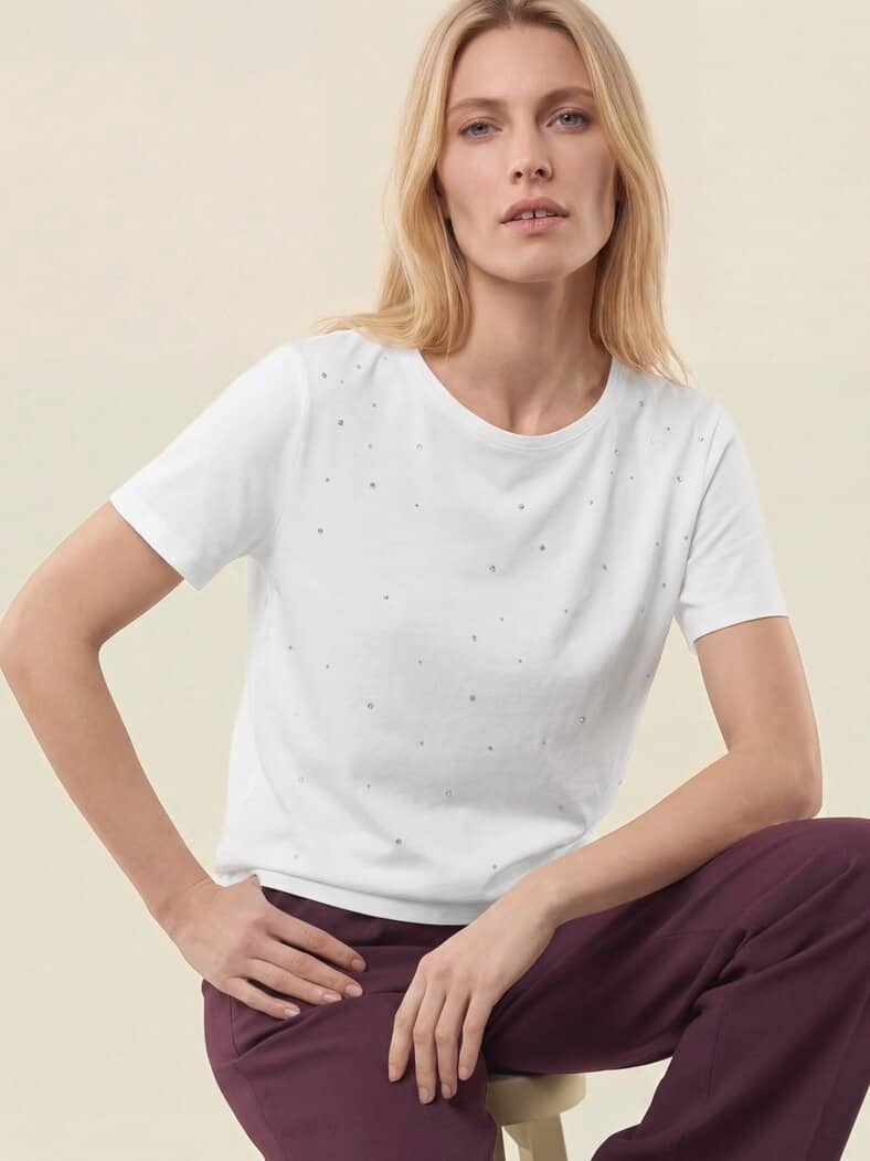 Baumwollshirt mit Glitzersteinen Offwhite