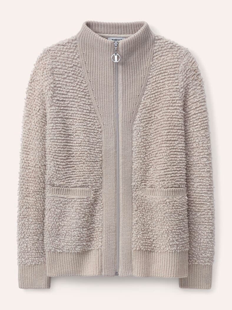 Strickjacke in Boucle  und Glattstrickoptik Creme