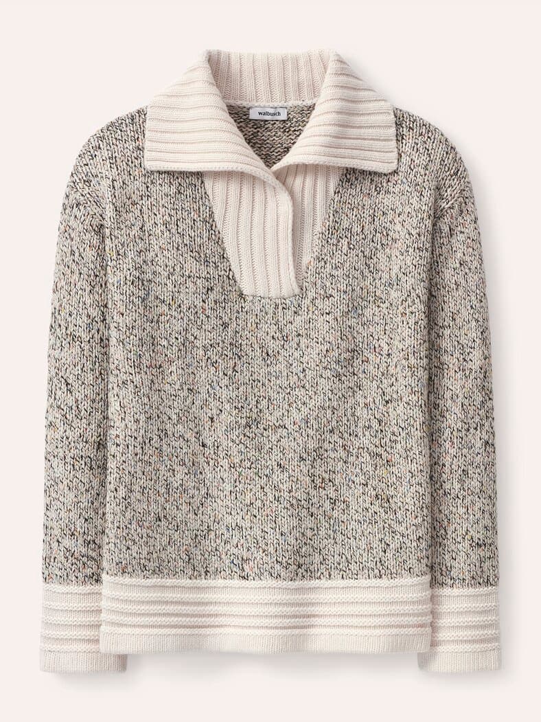 Tweed Pullover mit weitem Kragen Multicolor Creme