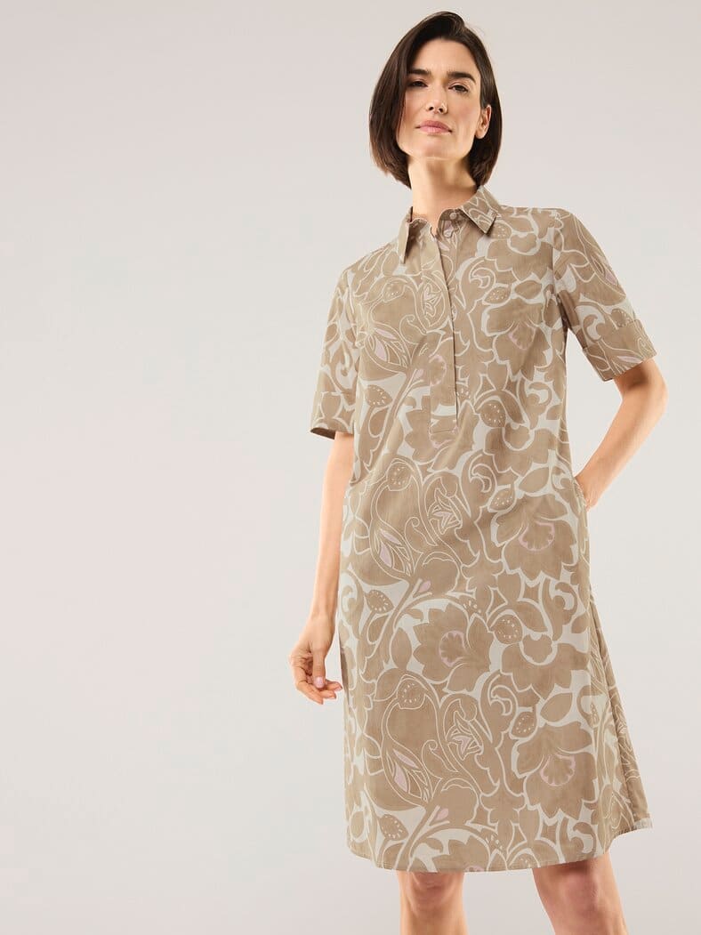Hemdblusenkleid aus Baumwolle Sand/Weiß