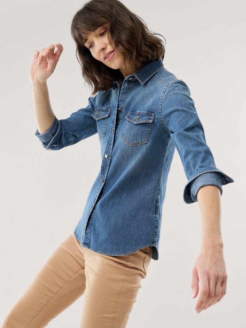 Power Stretch Jeansbluse Mid Blue