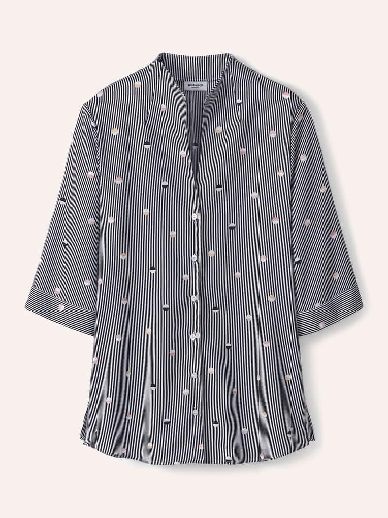 Extraglatt-Bluse Kelchkragen Tupfen Schwarz