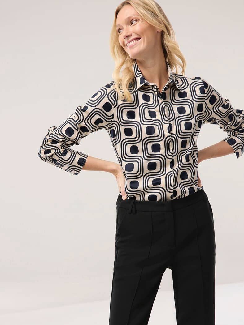 Baumwollbluse mit langer Manschette Grafik Creme