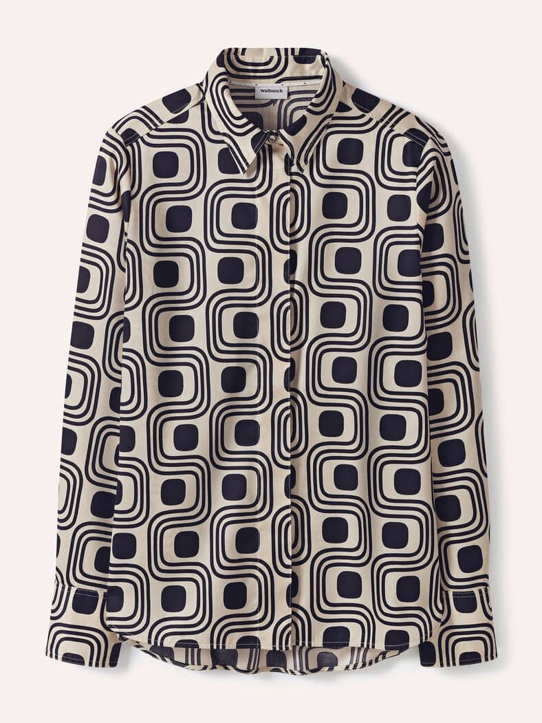 Baumwollbluse mit langer Manschette Grafik Creme