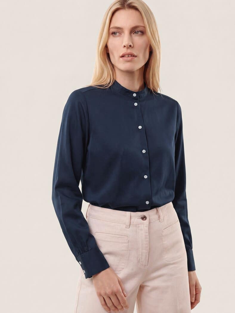 Bluse mit Stehkragen Baumwollsatin Uni Nachtblau