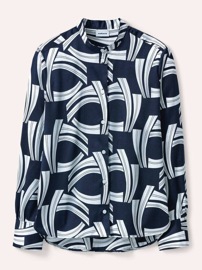 Bluse mit Stehkragen Baumwollsatin Druck Blau