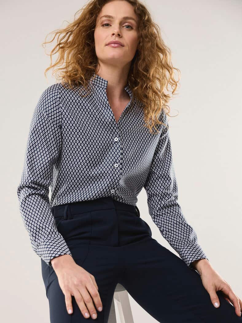 Extraglatt Stehkragen Bluse V-Auss Minimal Marine