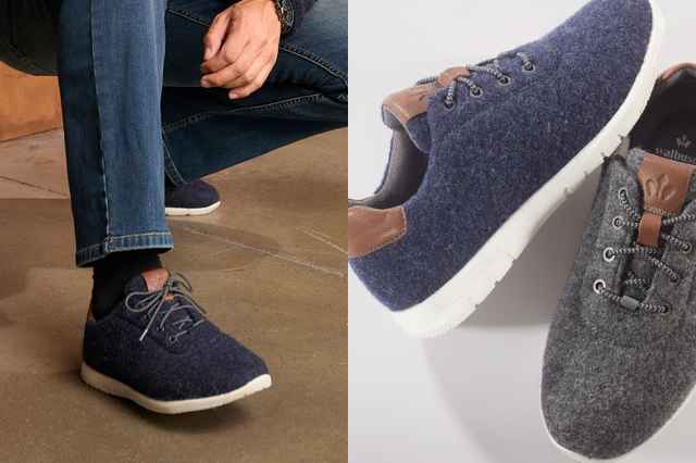 Links sieht man einen getragenen Merino Sneaker und rechts zwei Sachabbildungen des Sneakers.