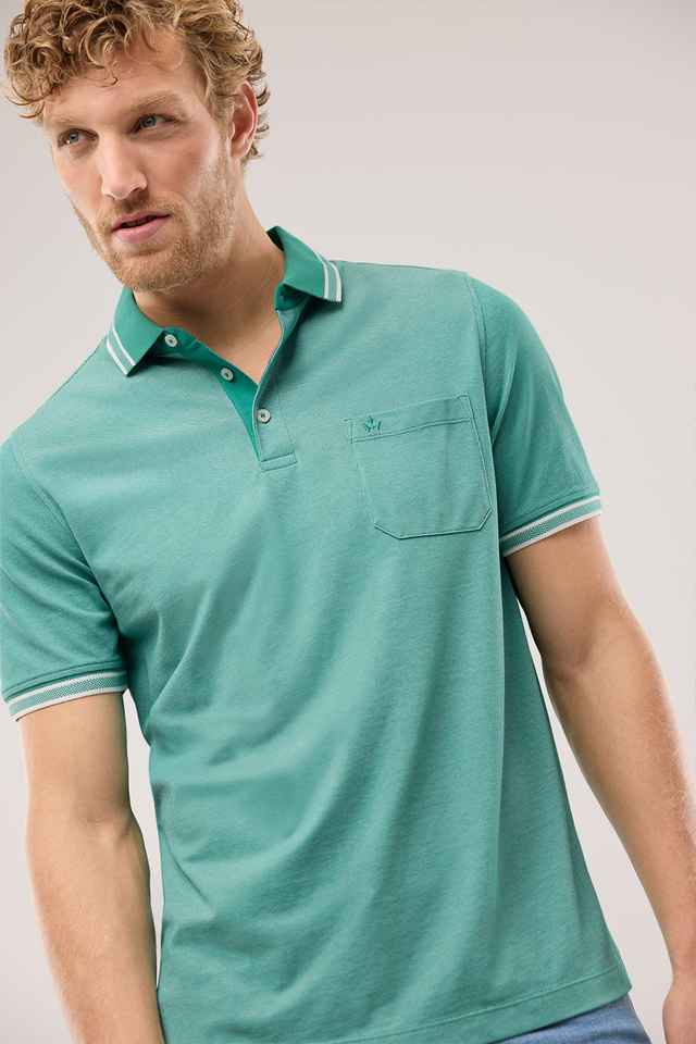 Mann in einem türkisfarbenen Polohemd mit weißen Streifen am Kragen und an den Ärmeln, schaut zur Seite. Hintergrund ist hellgrau.