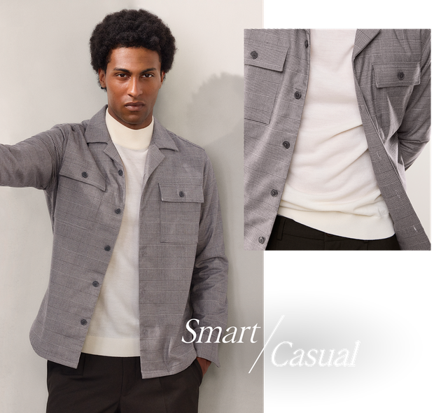 Mann in grauer Jacke mit weißem Pullover posiert vor hellem Hintergrund. Nahaufnahme zeigt die Textur der Jacke. Text: "Smart/Casual".