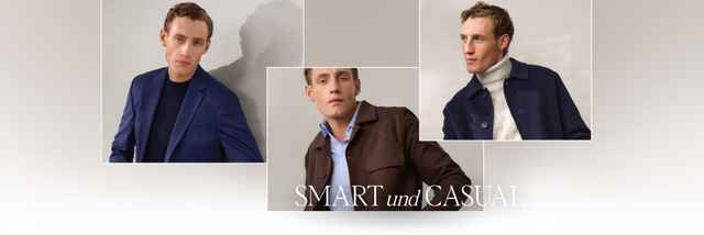 Collage von drei Männern in eleganter und legerer Kleidung mit dem Text "SMART und CASUAL". Einer trägt einen blauen Anzug, einer einen braunen Mantel.